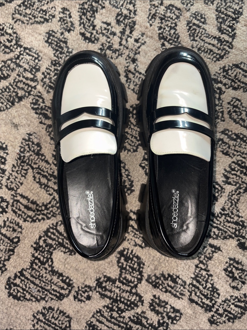 Shoe Dazzle Black and White Glossy Penny Loafers